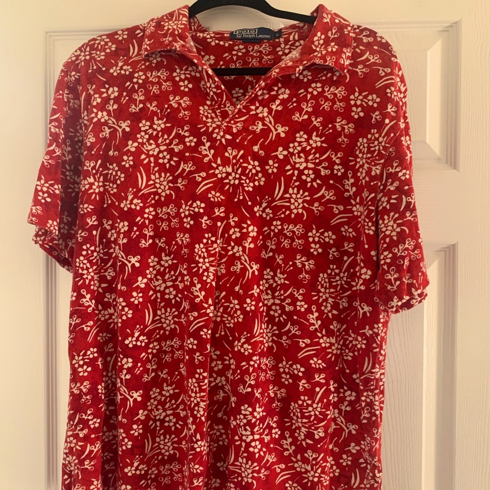 Red Polo with white flowers